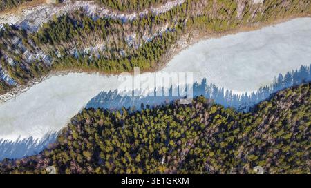 Vue aérienne par drone d'un lac gelé entouré d'une forêt dense de conifères en hiver Banque D'Images
