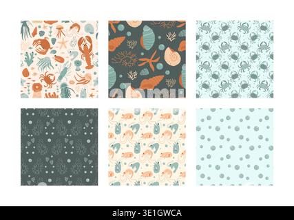 Motifs côtiers sans couture avec homards, coquillages et crabes. Impression estivale parfaite pour le papier peint sur le thème de la plage, le design textile ou la v méditerranéenne Illustration de Vecteur