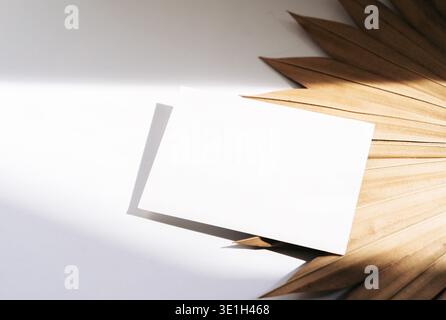 Maquette blanche vierge de carte de visite avec feuilles de palmier séchées et lumière naturelle douce. Modèle de marquage minimal avec espace de copie pour le logo ou l'identi d'entreprise Banque D'Images