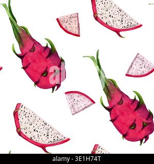 Motif aquarelle sans couture de fruit de dragon avec des fruits entiers et des tranches sur fond blanc. Illustration de fruits tropicaux à l'aquarelle peinte à la main. Banque D'Images