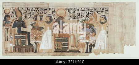 Cette scène de papyrus égyptienne antique, probablement de la période du nouvel Empire (vers 1550-1070 av. J.-C.), représente un « zalfoffer » ou rituel d'onction/offrande. Il présente plusieurs divinités et figures, y compris peut-être Osiris et Horus, engagés dans des pratiques sacrées avec des offrandes et des textes hiéroglyphiques. Banque D'Images