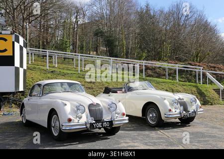Jaguar XK150 - Coupe (1959) et Drophead Coupe (1958), Jaguar Breakfast Club, 14 mars 2026, Brooklands Museum, Weybridge, Surrey, Angleterre, Royaume-Uni Banque D'Images