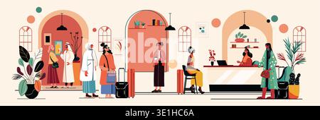 Réception des bagages multiculturels du hall d'entrée des voyageurs illustration de la zone d'attente des plantes intérieures modernes Illustration de Vecteur