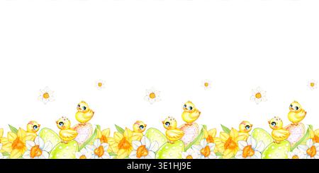 Aquarelle Pâques bordure sans couture faite de poulets, œufs de Pâques, fleurs de narcisse jaunes et blanches. Illustration aquarelle Banque D'Images