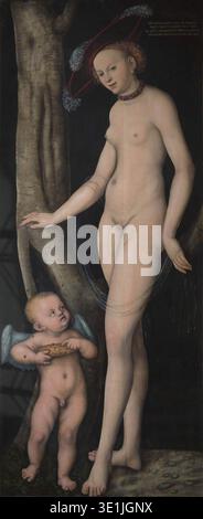 Lucas Cranach l'ancien (1472-1553) était un peintre et graveur allemand de la Renaissance associé à la cour des électeurs de Saxe et une figure majeure de la Renaissance du Nord Vénus et Cupidon avec le nid d'abeilles est une peinture mythologique qui lui est attribuée vers 1531 et illustre un thème classique impliquant Vénus et Cupidon. L'image d'archives enregistre une reproduction photographique de l'œuvre de la Renaissance. Banque D'Images