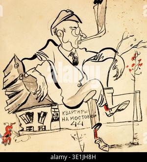 A. D. Silich était un artiste actif dans la période soviétique dont les œuvres documentaient des sujets urbains et régionaux au début du XXe siècle. Appartements sur Mostovaya fait référence à une œuvre intitulée attribuée à A. D. Silich datée au plus tard de 1945. Le document photographique d'archives documente une image reproduite associée à cette œuvre d'art intitulée. Banque D'Images