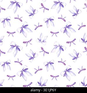 Modèle sans couture avec des noeuds lilas légers sur un fond isolé. Illustration aquarelle avec des éléments de vacances. Fond romantique avec des arcs mignons Banque D'Images
