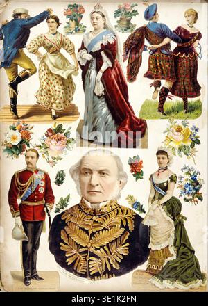 Cette estampe antique datant des années 1880 présente des illustrations découpées de personnalités victoriennes notables telles que la reine Victoria, William Ewart Gladstone, le duc de Connaught et la duchesse de Connaught, ainsi que diverses danseuses folkloriques et arrangements floraux. Le collage coloré offre un aperçu de la culture populaire et de l'imagerie royale de la fin du XIXe siècle. Banque D'Images