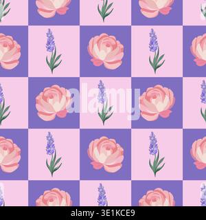 Motif à carreaux vectoriel sans couture avec pivoine et fleurs de lavande dans des carrés roses et violets. Répétition florale printanière pour textile, papier peint et impression. Illustration de Vecteur