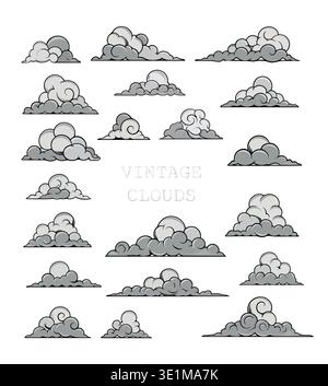 Ensemble de vecteur nuage vintage, collection de nuages dessinés à la main dans le style de gravure Illustration de Vecteur