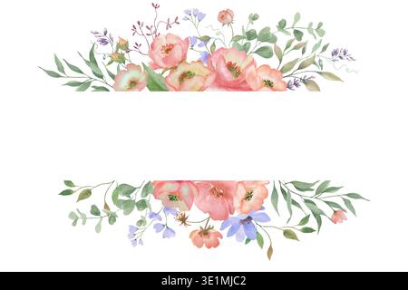 Cadre floral aquarelle avec fleurs de jardin printanières. Illustration botanique dessinée à la main isolée sur fond blanc pour invitation de mariage. Banque D'Images
