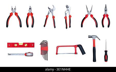 Collection de divers outils à main isolés sur fond blanc Banque D'Images