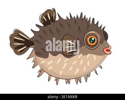 Poisson puffer de dessin animé, poisson fugu épineux mignon, animal marin, illustration vectorielle plate de poisson océanique tropical isolé sur fond blanc. Dessiné à la main, gribouillage Illustration de Vecteur