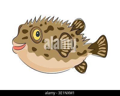Poisson puffer de dessin animé, poisson fugu épineux mignon, animal marin, illustration vectorielle plate de poisson océanique tropical isolé sur fond blanc. Dessiné à la main, gribouillage Illustration de Vecteur
