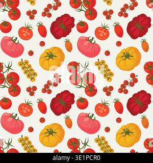Divers tomates Seamless Pattern dans un style méditerranéen. Illustration vectorielle à la mode dans un style dessiné à la main. Illustration de Vecteur