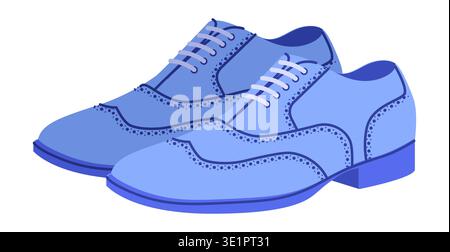 Richelieux homme bleu en dentelle plate. Chaussures en cuir perforé avec bout d'aile classique élégant style bureau décontracté. Illustration technique dessin CAO maquette dessin vectoriel contour isolé sur fond blanc Illustration de Vecteur