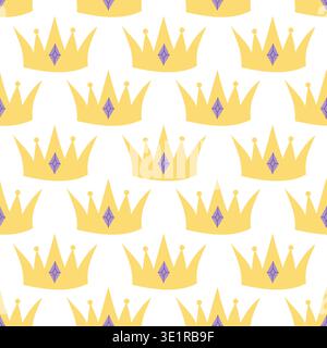Joli motif sans couture avec couronne dorée et gemme violet dans un style plat Illustration de Vecteur