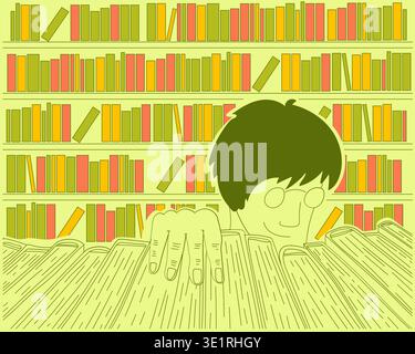 L'homme prend Book in Glasses. Bibliothèque salle de lecture dessin animé illustration verte Illustration de Vecteur
