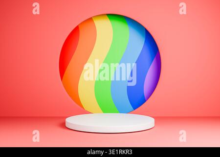 Boule arc-en-ciel sur un piédestal de produit 3d blanc Banque D'Images