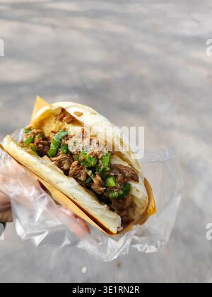 ROU jia Mo, souvent appelé hamburger chinois, une cuisine de rue populaire chinoise de Xian, province du Shaanxi, en Chine Banque D'Images