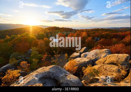 Le soleil couchant projette une lueur dorée sur le paysage d'automne, illuminant le feuillage rouge et orange vif. Formations rocheuses accidentées au premier plan sous ciel nuageux. Rochers Dovbush, montagnes des Carpates, Ukraine. Banque D'Images