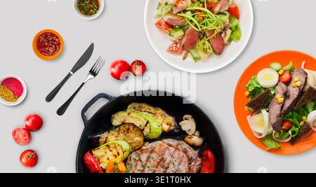 Ensemble de plats sains du restaurant, vue de dessus Banque D'Images