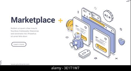 Modèle de bannière d'achat en ligne isométrique. Illustration vectorielle d'un marché numérique, concept de commerce électronique pour la conception Web. Style de contour moderne pour un Illustration de Vecteur