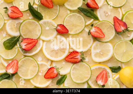 Fraises, tranches de citron et citron vert et fond de menthe Banque D'Images
