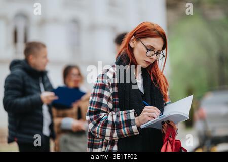Femme aux cheveux rouges avec des lunettes écrit dans un carnet à l'extérieur tandis que des collègues discutent en arrière-plan Banque D'Images