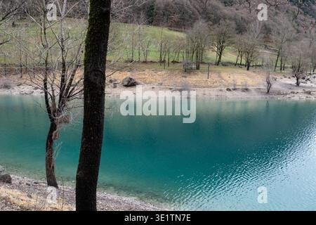 Tronc d'arbre au premier plan encadrant l'eau turquoise du lac Tenno créant une composition naturelle avec une surface calme et des tons doux dans le Trentin Haut-Adige Banque D'Images