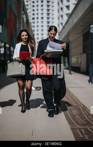Deux collègues marchant dans une zone de bureaux urbains tout en examinant des documents et des graphiques Banque D'Images