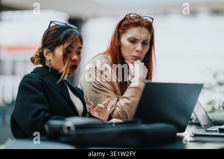 Deux employés se sont concentrés sur un ordinateur portable lors d'une réunion de travail collaborative Banque D'Images