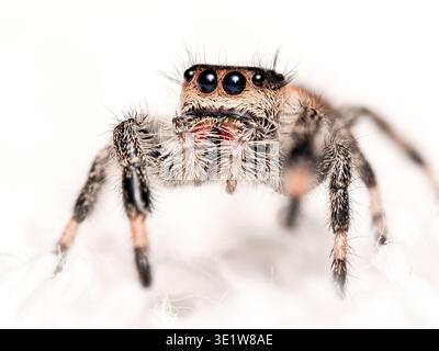 Macro de l'araignée royale sautant (Phidippus regius) sur fond blanc, montrant des yeux détaillés et des poils fins. Banque D'Images