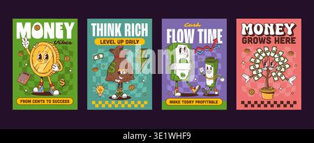 Affiches de personnages hippie groovy business et finance funky. Affiches vibrantes représentant des pièces de monnaie, un sac à argent, une pile d'argent et un arbre à argent en pot. Promotion de banques de personnages vectoriels psychédéliques Illustration de Vecteur