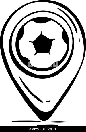 Icône de pointeur de carte avec ballon de football. Épingle de localisation du stade de football pour les fans de sport et la navigation de match. Vecteur Doodle dessiné à la main. Illustration de Vecteur