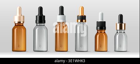 Maquettes de bouteilles en verre compte-gouttes avec pipette debout dans une rangée. Flacons de pipette en verre transparent et ambré 3d vectoriel réaliste pour l'huile, les cosmétiques de soin de la peau, le sérum, la présentation d'emballage de solutions de médecine Illustration de Vecteur