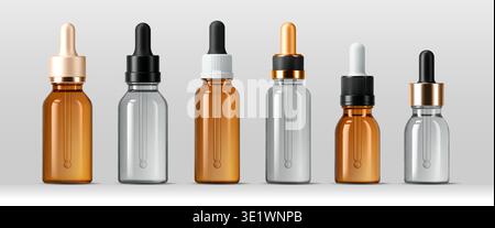 Maquettes de bouteilles en verre compte-gouttes avec pipette debout dans une rangée. Flacons de pipette en verre transparent et ambré 3d vectoriel réaliste pour l'huile, les cosmétiques de soin de la peau, le sérum, la présentation d'emballage de solutions de médecine Illustration de Vecteur