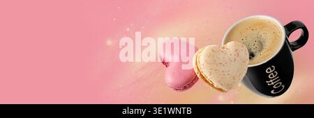 Deux macarons sucrés en forme de coeur et tasse à café volant isolé sur fond jaune rose. Biscuits français à la framboise et à la vanille. Romantique pastr Banque D'Images