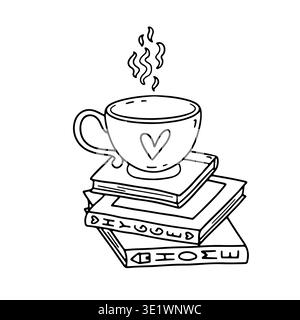 Tasse à café de doodle hygge dessinée à la main avec le cœur debout sur la pile de livres illustration vectorielle d'icône Illustration de Vecteur
