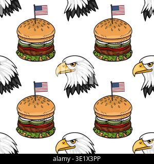 Modèle vectoriel sans couture de hamburgers patriotiques avec des drapeaux américains et des aigles chauves Illustration de Vecteur