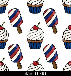 Modèle vectoriel sans couture de cupcakes patriotiques et de glace pop avec des rayures rouges, blanches et bleues Illustration de Vecteur