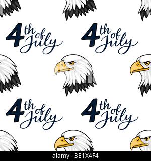 Modèle vectoriel sans couture avec des têtes d'aigle chauve patriotiques et du texte '4th of July' Illustration de Vecteur