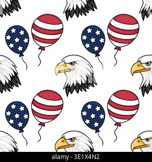 Modèle vectoriel sans couture des aigles chauves américains patriotiques et des étoiles et des ballons à rayures pour les célébrations du quatrième juillet Illustration de Vecteur