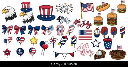 Ensemble d'illustration vectorielle festive du 4 juillet avec des symboles américains, de la nourriture et des éléments patriotiques Illustration de Vecteur