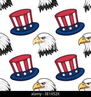 Modèle vectoriel sans couture avec chapeaux oncle Sam et têtes d'aigle chauve, thème patriotique des États-Unis Illustration de Vecteur