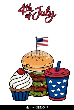 Affiche vectorielle festive du 4 juillet avec hamburger, cupcake et boisson Illustration de Vecteur