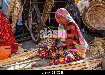 Une femme dans un sari coloré coupe soigneusement des bandes de bambou assise dans une rue à Udaipur, entourée des outils de son métier de tissage. Udaipur Banque D'Images