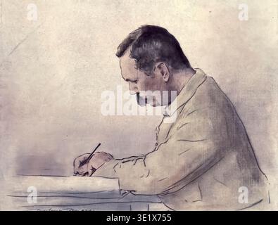 Dr Conan Doyle - montrant un homme distingué avec une moustache écrivant intentionnellement ou dessinant dans un moment de concentration réfléchie, capturant des impressions de guerre historiques. War impressions, étant un enregistrement en couleur peint par Mortimer Menpes, 1855-1938, publié en 1903 Banque D'Images
