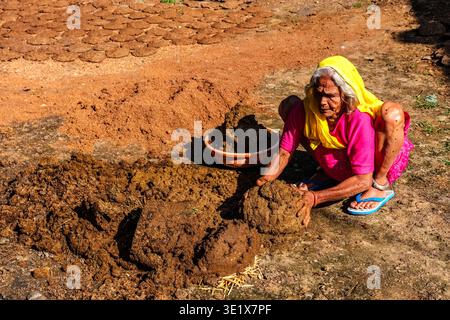 Une femme âgée d'Udaipur, vêtue d'un sari rose vif et d'un voile jaune, est assise sur le sol tout en façonnant soigneusement les gâteaux traditionnels de bouse de vache. UDA Banque D'Images