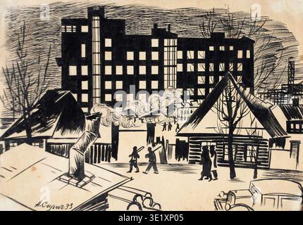 A. D. Silich était un artiste actif en Union soviétique dont les œuvres comprenaient des représentations du développement urbain. Vieux et Nouveau Novossibirsk (1933) fait référence à un travail attribué à Silich illustrant la ville sibérienne de Novossibirsk pendant une période d'expansion au début de l'ère soviétique. Le document photographique d'archives documente une image reproduite associée à cette œuvre d'art intitulée. Banque D'Images